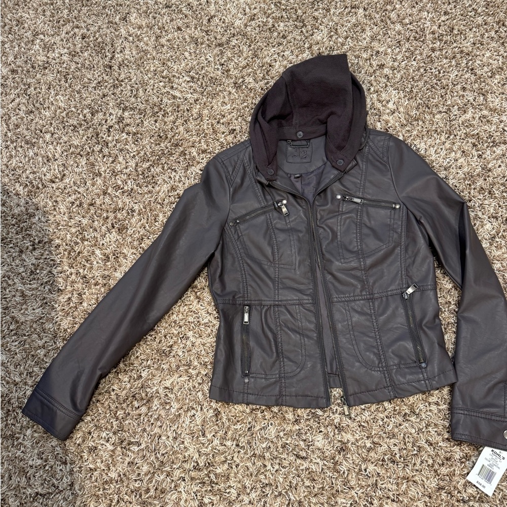 Charcoal Faux Leather Hooded Jacket